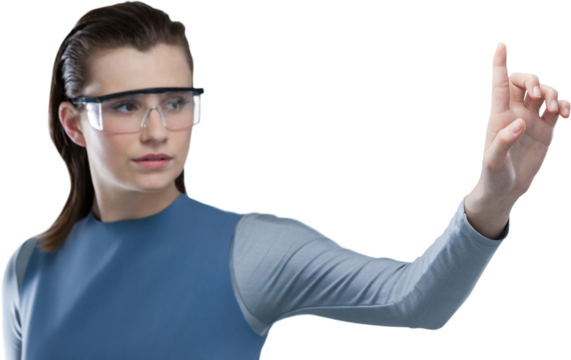 Confident woman pointing while using virtual reality glasses
