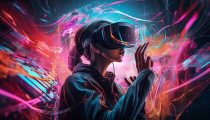 Fototapeta na wymiar Young adults enjoying futuristic virtual reality simulator game generated by AI