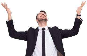 Businessman cheering with hands raised