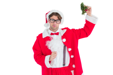 Geeky hipster in santa costume holding mistletoe  