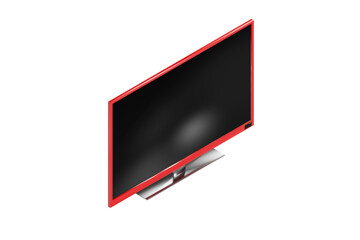 High angle view of black television set with red striped