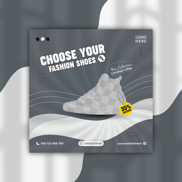 Fashion shoes brand product Social media banner post template, Shoe ad Banner Design, special sale offers social media post design for your digital marketing, gray color.