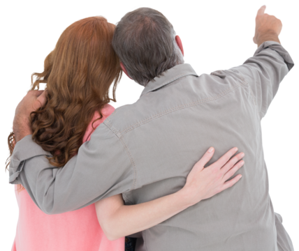 Casual couple pointing and looking