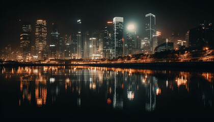 Fototapeta na wymiar City skyline glows at night, reflecting in water generated by AI
