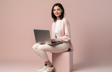 Fototapeta na wymiar AI generated young happy handsome woman looking at the camera using a laptop device , typing on the keyboard with one hand , isolated on a monocolor background