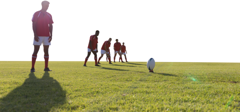 Ruby players standing on field