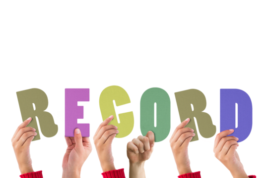 Colorful alphabet spelling record held up by people  - Powered by Adobe