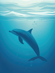 Fototapeta premium A bottlenose dolphin surfacing and diving its playful clicks echoing in the deep.. AI generation.