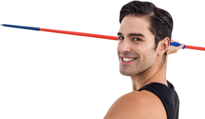 Portrait of happy male athlete holding javelin