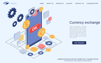 Currency exchange, money transfer, financial transaction modern 3d isometric vector concept illustration. Landing page design template