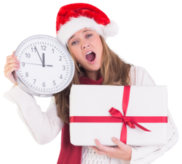 Festive blonde showing a clock and gift