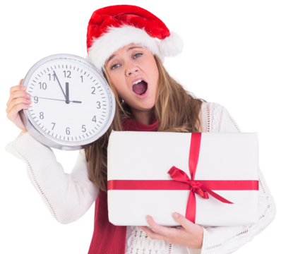 Festive blonde showing a clock and gift