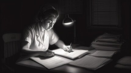 Fototapeta na wymiar Nurse in uniform sitting at table and writing during the night shift at the hospital