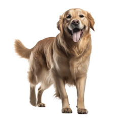 Happy Golden retriever jumping, isolated background. Generative AI