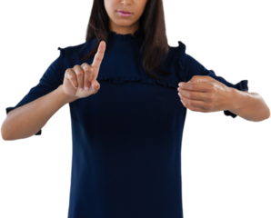 Female executive pressing an invisible virtual screen