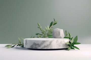 Abstract empty stone podium with leaves on green background. Cosmetic beauty product promotion pedestal. Minimal concept. Advertising template. Generative AI