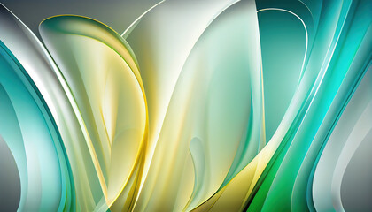 Abstract Shiny neon glass translucent wavy composition with gradient transition, elegant clean background white green blue - generative AI.