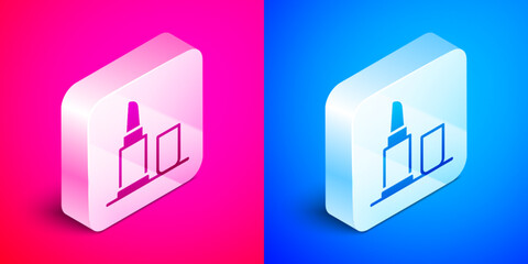 Isometric Lipstick icon isolated on pink and blue background. Silver square button. Vector