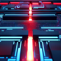 Obraz premium Abstract technology background features a digital, futuristic design with circuit-like patterns and geometric shapes in a red, blue and black color scheme. Generative AI