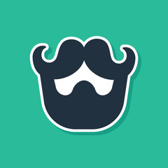 Blue Mustache and beard icon isolated on green background. Barbershop symbol. Facial hair style. Vector