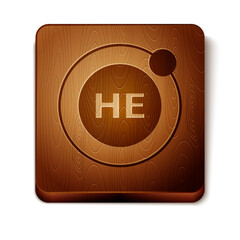 Fototapeta premium Brown Helium chemical element icon isolated on white background. Helium periodic table element chemistry symbol. Wooden square button. Vector