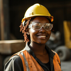 African American woman wearing work uniform, safety gear, generative ai