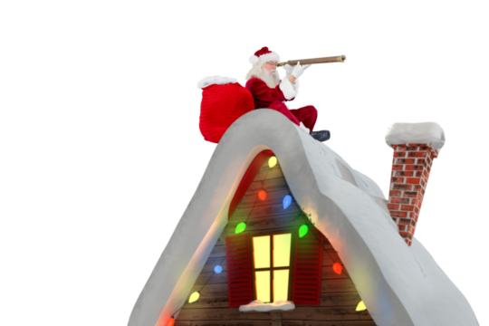 Santa sitting on roof of cottage