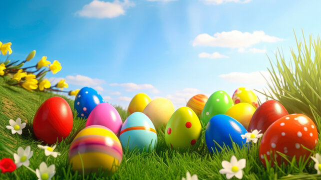 Easter background with copy space. Easter colorful eggs on green grass on meadow. Easter eggs In spring flowers field. Generative AI