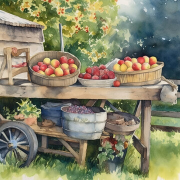 Fruits and vegetables in baskets, farm, watercolor