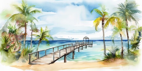 Naklejka premium watercolor painting of summer resort and cabana, Generative AI 