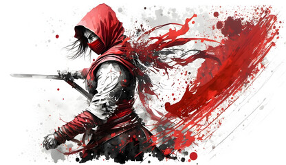 The angry ninja stood up wearing a red costume created with generative AI