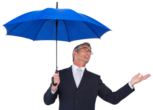 Businessman holding blue umbrella with hand out