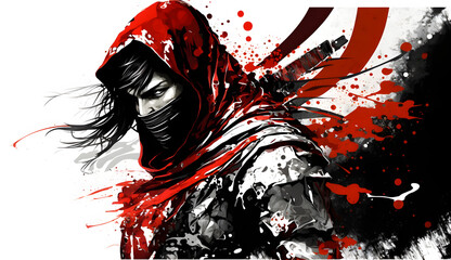 The angry ninja stood up wearing a red costume created with generative AI