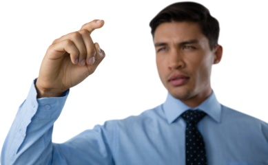 Close up of confident young businessman touching interface