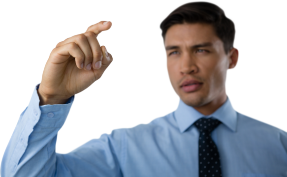 Close up of confident young businessman touching interface