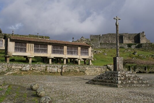 Lindoso Granaries or Espigueiros de Lindoso in Portugal also called canastro, canico or horreo. It function is to dry the thick corn through the lateral cracks. Sunny spring day. Selective focus