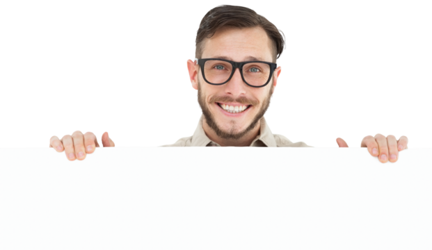 Geeky hipster showing poster smiling at camera
