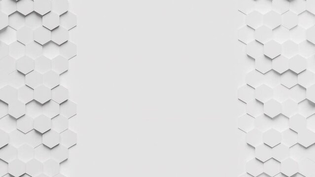 Abstract geometric background moving down. White surface with hexagonal shapes showing both sides. 3d animation ready to loop
