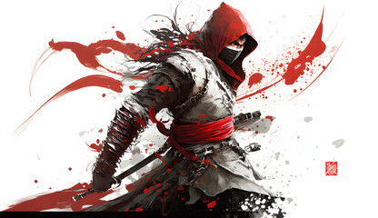 The angry ninja stood up wearing a red costume created with generative AI