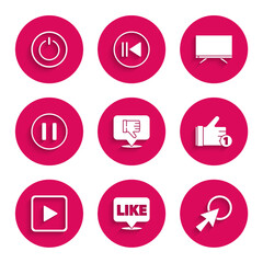 Set Dislike in speech bubble, Like, Arrow cursor, Hand, Play square, Pause button, Smart Tv and Power icon. Vector