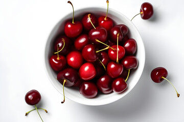 Obraz na płótnie Canvas Top view bowl of cherry fruit, isolated white background, generative ai.