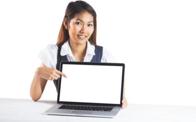 Smiling businesswoman pointing a laptop