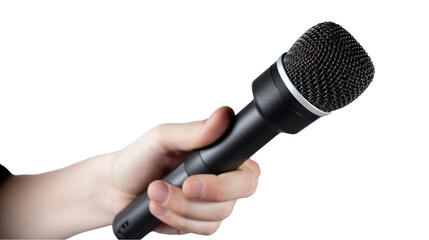 Hand holding microphone transparent background, Generative AI