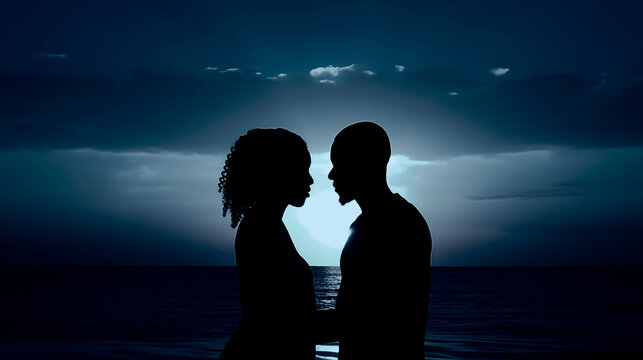 Silhouette african american romantic couple with head to head standing at beach during sunset. Copy space. Generative AI. 2