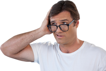 Confused mature man wearing eyeglasses looking away