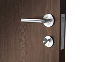 Brown door with metal doorknob and lock