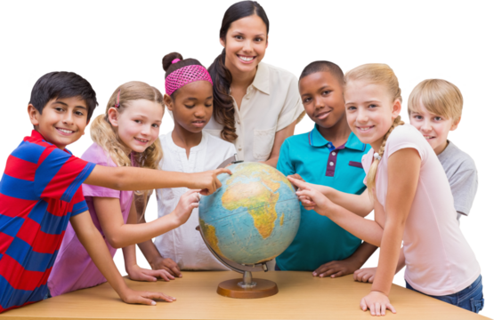 Cute pupils and teacher looking at globe in library