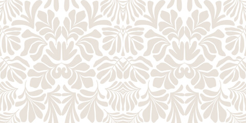Beige white abstract background with tropical palm leaves in Matisse style. Vector seamless pattern with Scandinavian cut out elements.