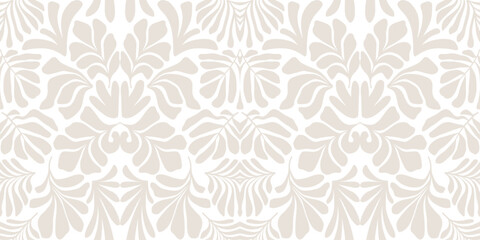 Beige white abstract background with tropical palm leaves in Matisse style. Vector seamless pattern with Scandinavian cut out elements.