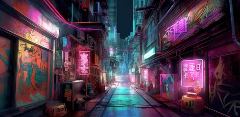 Generative AI illustration of the futuristic city in the style of cyberpunk. Neon-lit Street with a lot of graffiti on the walls of old buildings. Beautiful night cityscape.